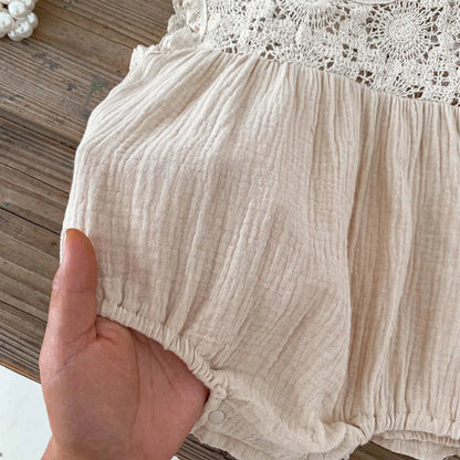 Vintage Cottagecore Baby Girl Lace Romper - Boho Muslin Summer Jumpsuit & Sunsuit (0-18M)