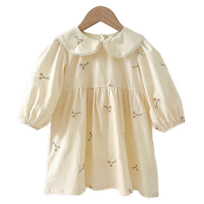 Baby Girl Cream Floral Cotton Dress - Long Sleeve Spring Princess Party Dress (2T-6T)