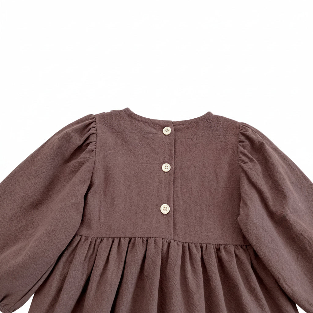 Toddler & Girls Brown Floral Embroidered Cotton Long Sleeve Dress (2T-6T)