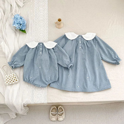 Sister Matching Floral Outfits: Blue Corduroy Embroidered Baby Romper & Girls Princess Dress - Coordinated Sister Boutique Set