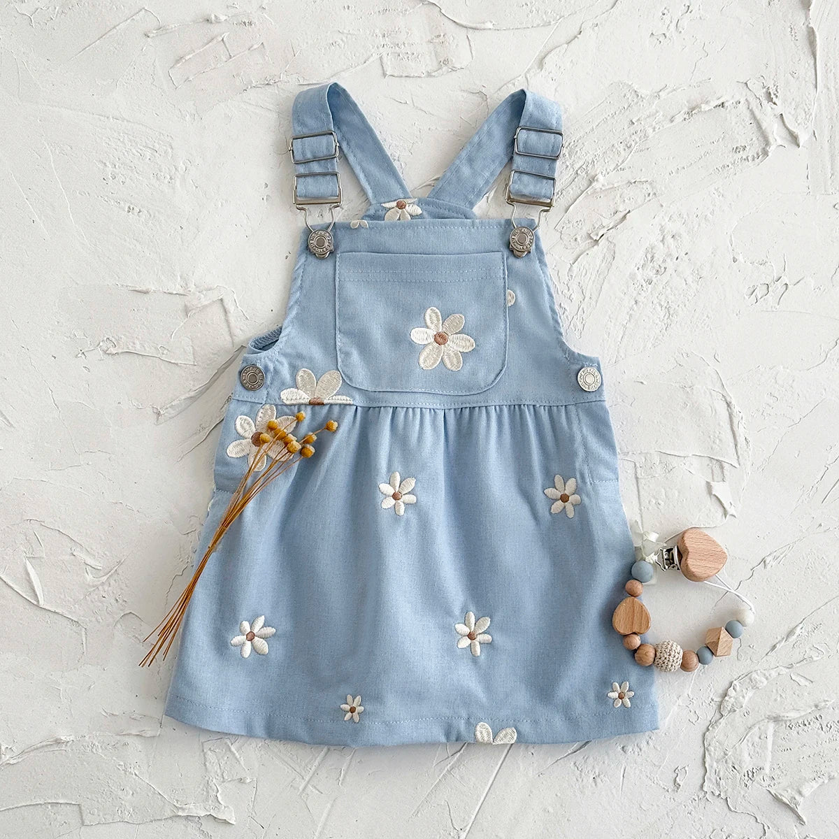 Baby Girl Daisy Embroidered Overall Dress | Toddler Blue Cotton Summer Jumper (6M-3T)