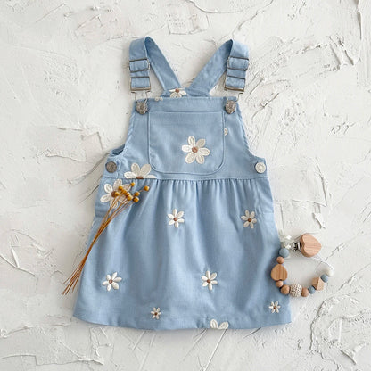 Baby Girl Daisy Embroidered Overall Dress | Toddler Blue Cotton Summer Jumper (6M-3T)