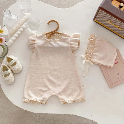 Waffle Knit Baby Girl Romper & Bonnet Set - Ruffle Sleeve Lace Trim Summer Jumpsuit (3-24M)