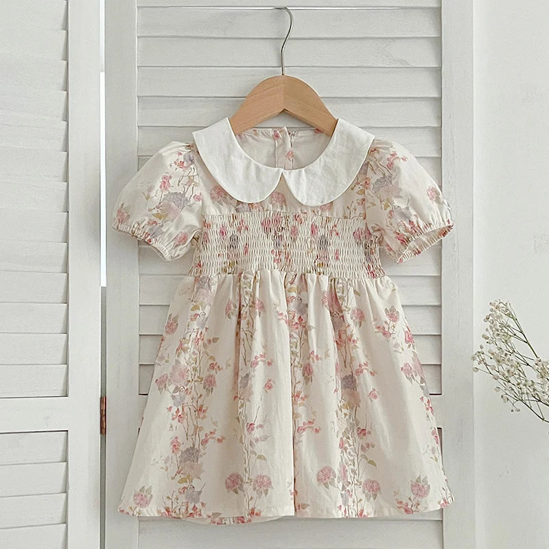 Pink Floral Smocked Sister Matching Outfits - Puff Sleeve Cotton Romper & Princess Dress (3M-6T)