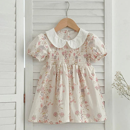 Pink Floral Smocked Sister Matching Outfits - Puff Sleeve Cotton Romper & Princess Dress (3M-6T)