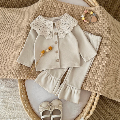 Toddler Girls Ribbed Knit Cardigan & Flare Pants Set with Crochet Lace Collar – 2-Piece Spring Outfit (6M-3T)