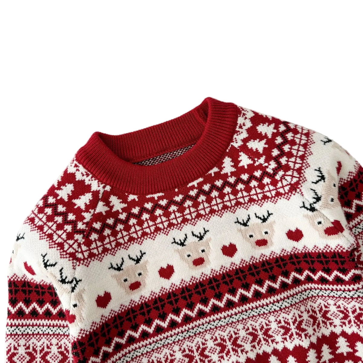 Baby & Toddler Christmas Reindeer Knit Sweater (Optional Matching Beanie) - Red & White Fair Isle Pullover (3M-4T)