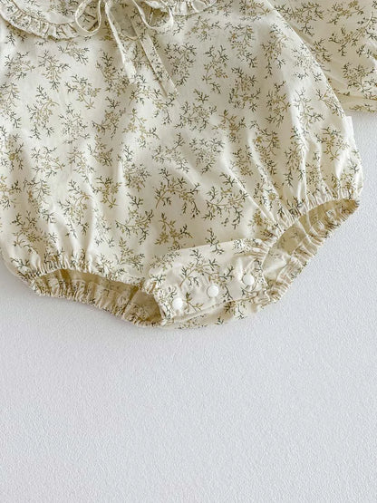 Baby Girl Floral Long Sleeve Bodysuit - Korean Style Peter Pan Collar Romper (0-24 Months)