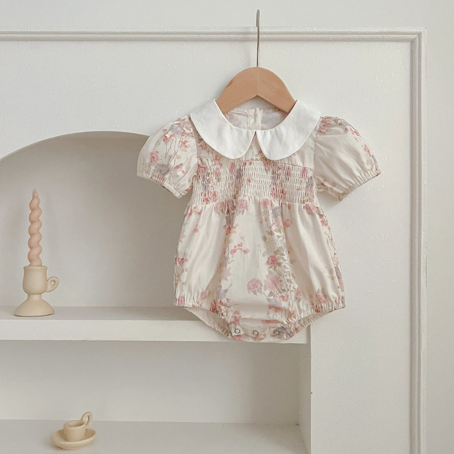 Pink Floral Smocked Sister Matching Outfits - Puff Sleeve Cotton Romper & Princess Dress (3M-6T)