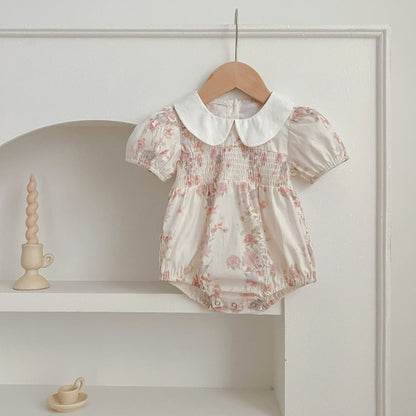 Pink Floral Smocked Sister Matching Outfits - Puff Sleeve Cotton Romper & Princess Dress (3M-6T)