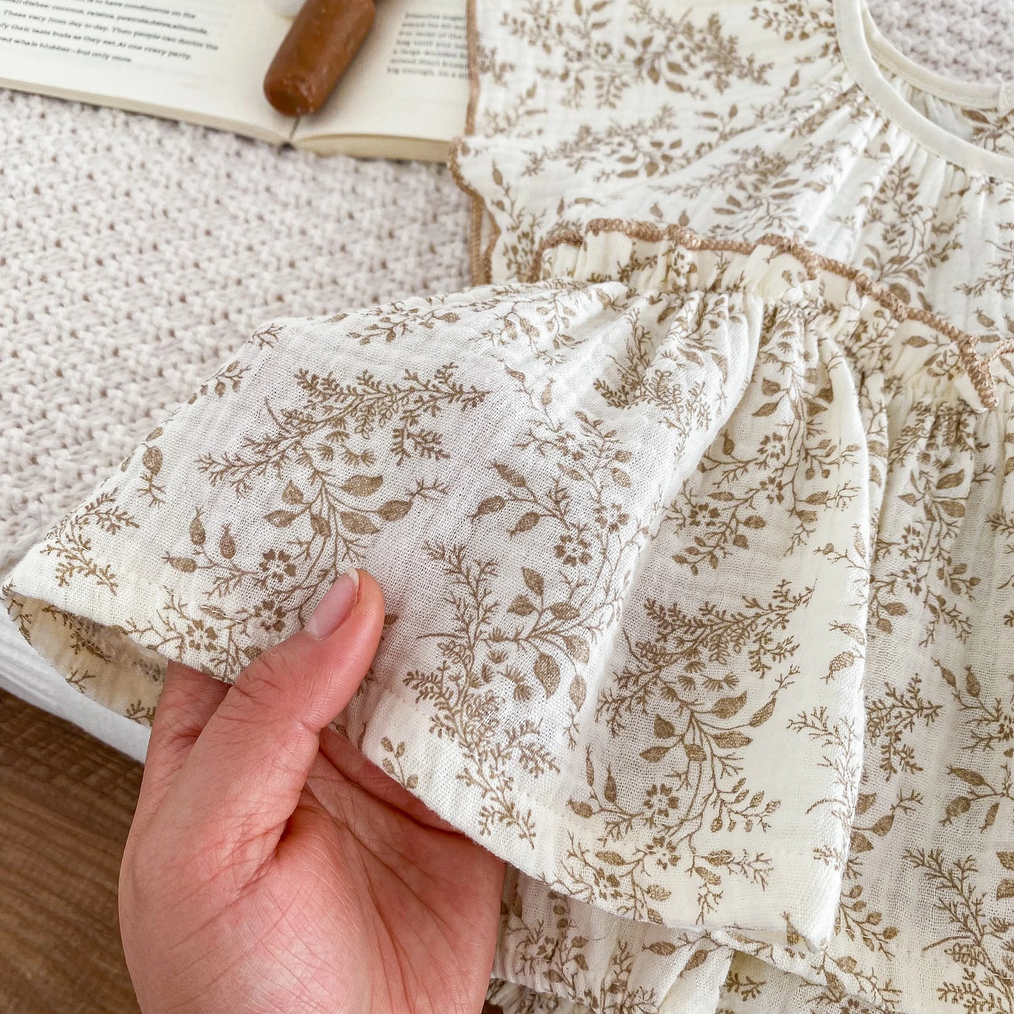 Vintage Sepia Floral Muslin Bubble Romper | Baby Girl Flutter Sleeve Top & Bloomers (3-24M)