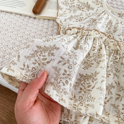 Vintage Sepia Floral Muslin Bubble Romper | Baby Girl Flutter Sleeve Top & Bloomers (3-24M)