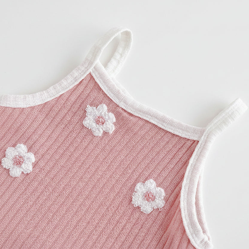 Baby Girl Flower Towel Embroidery Romper - Summer Ribbed Viscose Bodysuit Jumpsuit (1-18M)