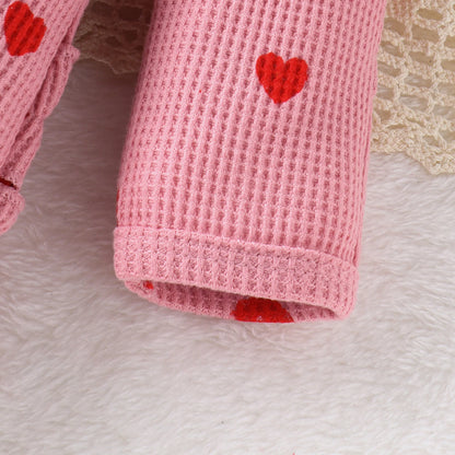 Baby Girl Heart Print Waffle Knit Footed Romper & Headband Set - Ruffled Zipper Sleeper