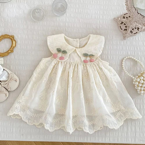 Vintage Cotton Baby, Toddler & Kids Girls Sleeveless Floral Embroidered Dress with Cherry Detail and Large Peter Pan Collar (6M-5T)