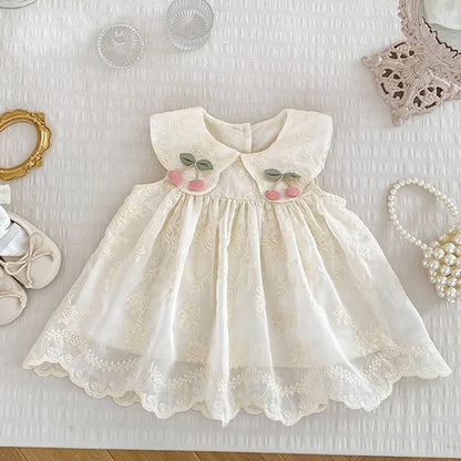 Vintage Cotton Baby, Toddler & Kids Girls Sleeveless Floral Embroidered Dress with Cherry Detail and Large Peter Pan Collar (6M-5T)