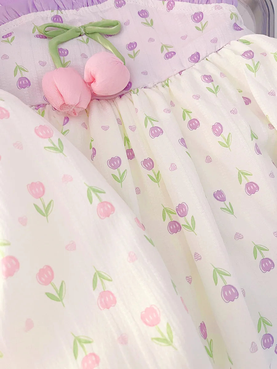 Baby & Toddler Girls Cotton Floral Summer Dress | Mock Two-Piece Ruffled Sun Dress with Decorative Bow (12M-4T)