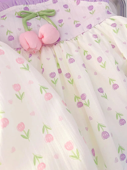 Baby & Toddler Girls Cotton Floral Summer Dress | Mock Two-Piece Ruffled Sun Dress with Decorative Bow (12M-4T)