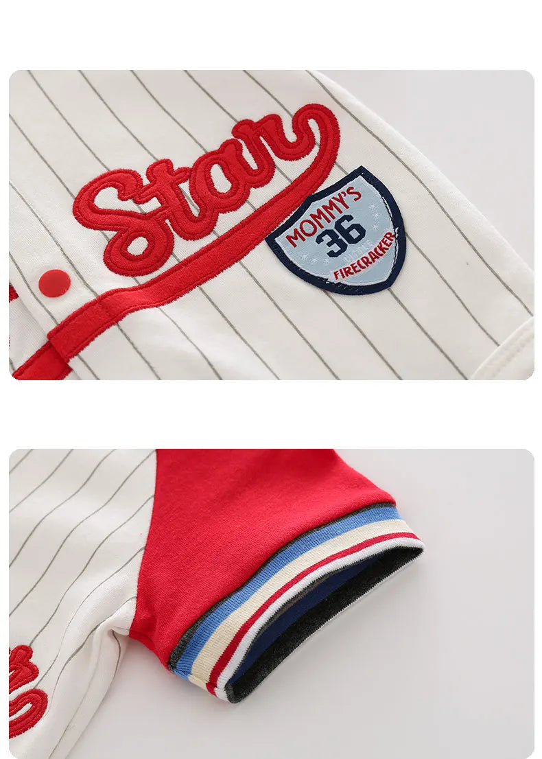 Mommy's All-Star Baseball Romper | Pinstripe Cotton Jersey - Red/White (0-18M)