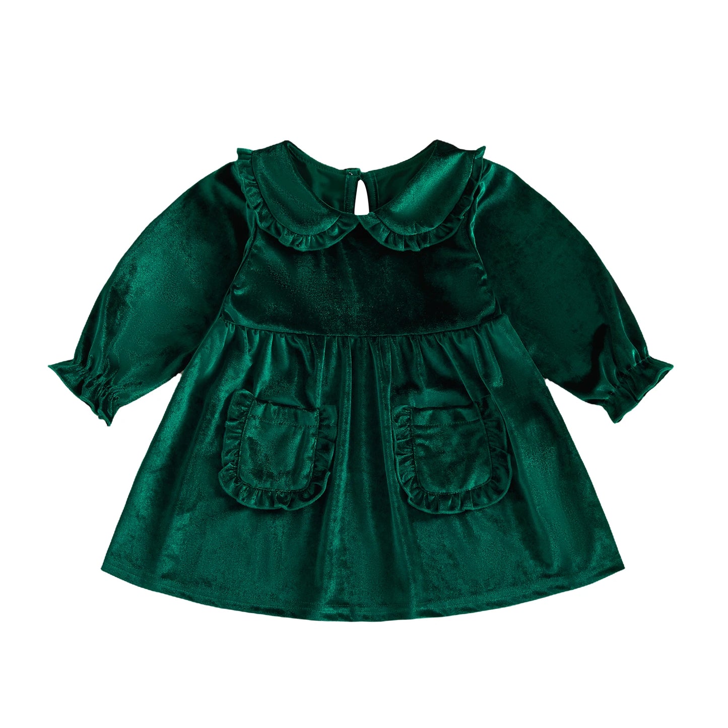 Toddler & Little Girls Emerald Green Velvet Christmas Dress - Long Sleeve Peter Pan Collar Holiday Party Dress with Pockets (12M-3T)