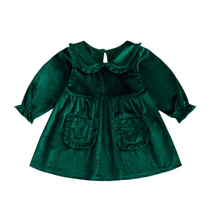 Toddler & Little Girls Emerald Green Velvet Christmas Dress - Long Sleeve Peter Pan Collar Holiday Party Dress with Pockets (12M-3T)