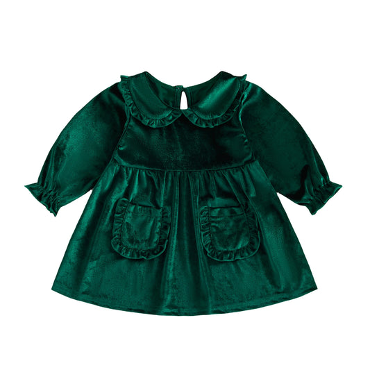 Toddler & Little Girls Emerald Green Velvet Christmas Dress - Long Sleeve Peter Pan Collar Holiday Party Dress with Pockets (12M-3T)