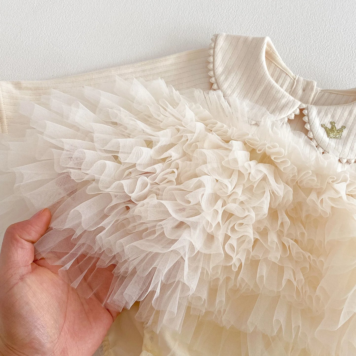 Baby Girl Princess Tulle Dress Bodysuit - Cream Peter Pan Collar Romper with Gold Crown (3-24M)