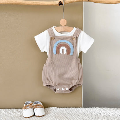 Infant Rainbow Appliqué Waffle Romper Set with Criss-Cross Back & Snap Bottoms (1-18M)