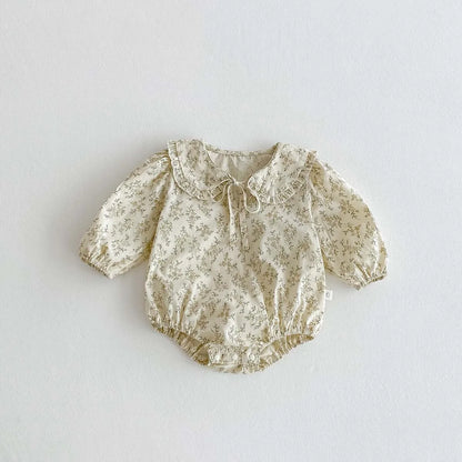Baby Girl Floral Long Sleeve Bodysuit - Korean Style Peter Pan Collar Romper (0-24 Months)