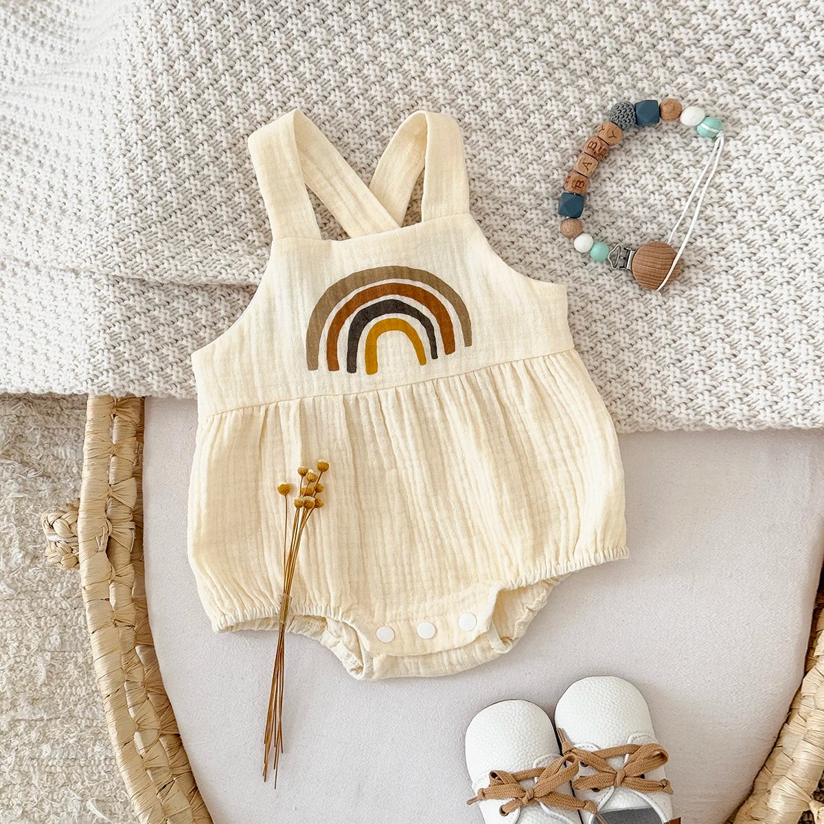 Boho Rainbow Baby Romper - Soft Viscose Muslin Bodysuit - Earth Tone Sleeveless Sunsuit for Newborn & Infants (1-18M)