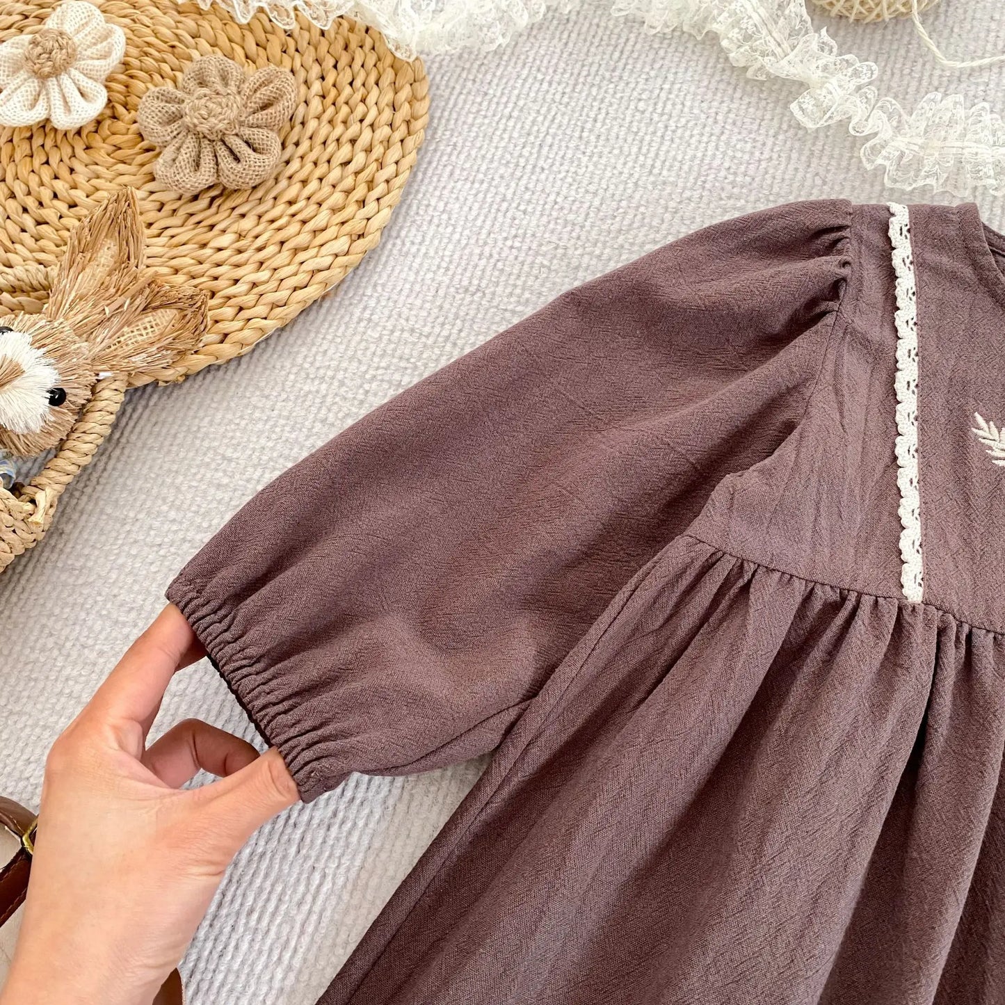 Toddler & Girls Brown Floral Embroidered Cotton Long Sleeve Dress (2T-6T)