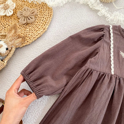 Toddler & Girls Brown Floral Embroidered Cotton Long Sleeve Dress (2T-6T)