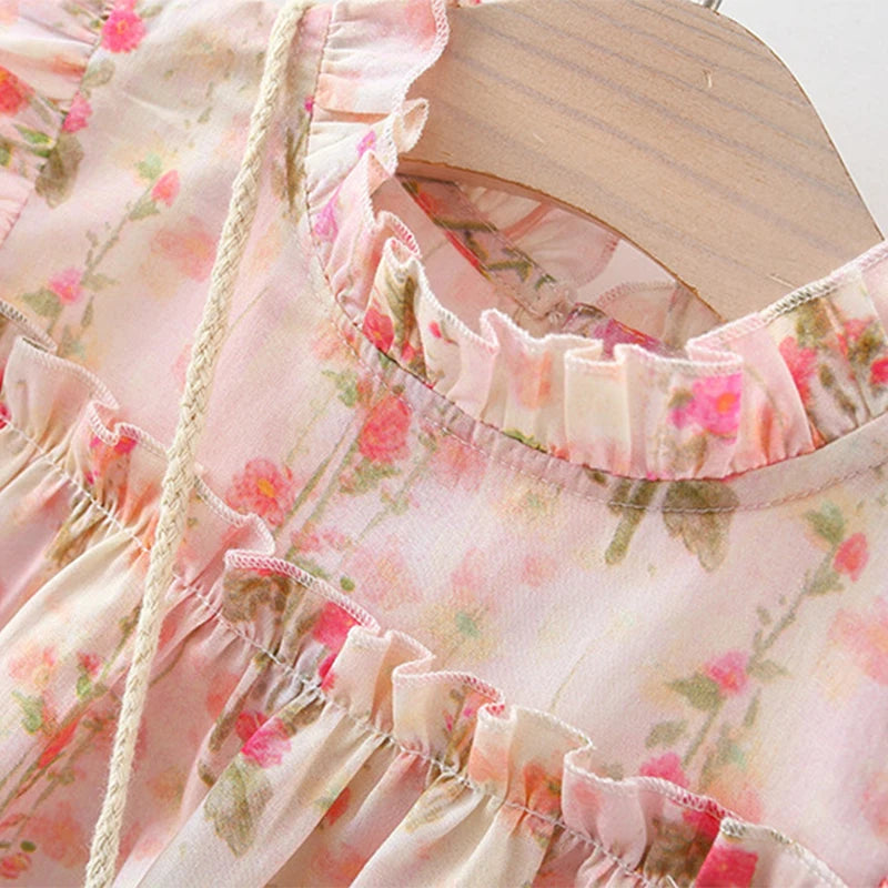 Summer Baby Girl Floral Princess Dress - Pink Fly Sleeve Flower Girl Dress with Matching Bag (9M-4T)