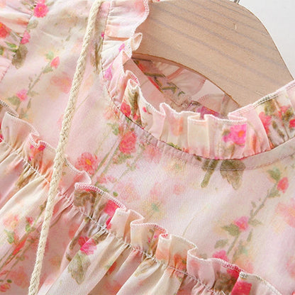Summer Baby Girl Floral Princess Dress - Pink Fly Sleeve Flower Girl Dress with Matching Bag (9M-4T)