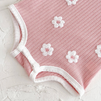 Baby Girl Flower Towel Embroidery Romper - Summer Ribbed Viscose Bodysuit Jumpsuit (1-18M)