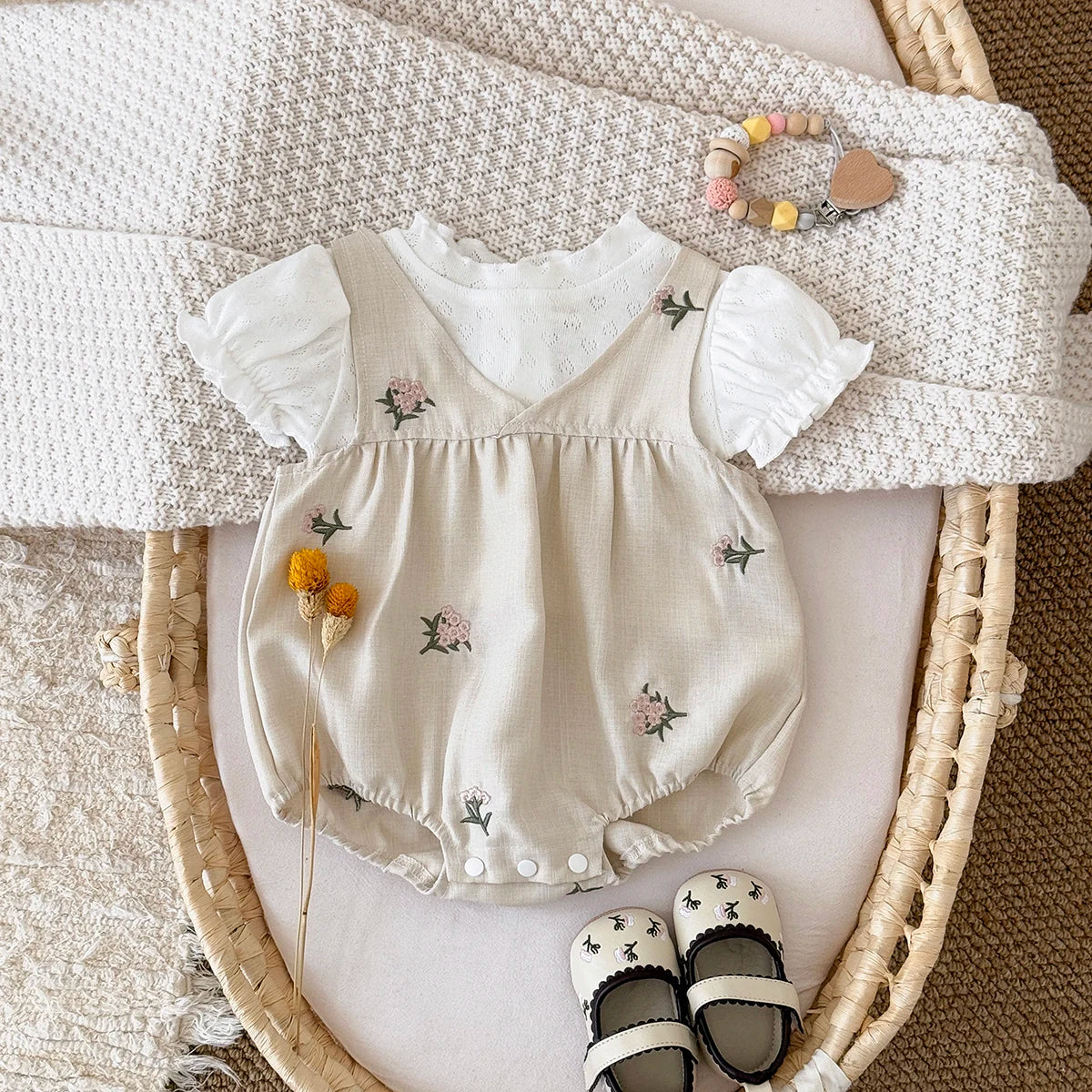 Baby Girl 2-Piece Embroidered Floral Romper Set - White Puff Sleeve Shirt & Camisole Overalls (0-24M)