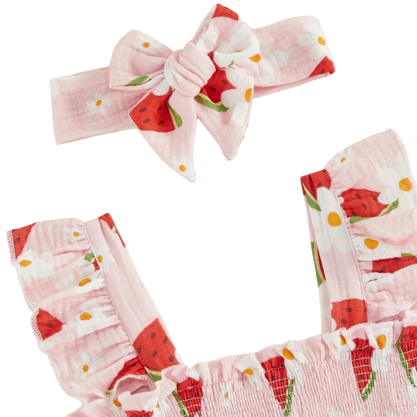 Pink children's outfit with watermelon pattern and matching headband on a light background