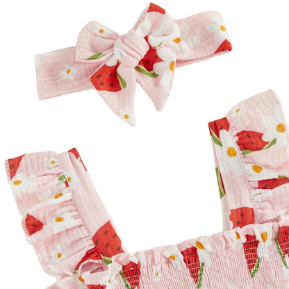 Pink children's outfit with watermelon pattern and matching headband on a light background