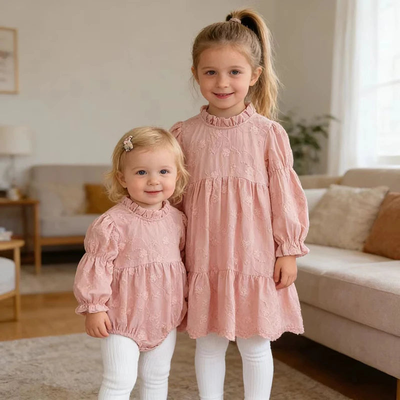 Toddler & Girls Pink Floral Embroidered Long Sleeve Tiered Dress (2T-6T)