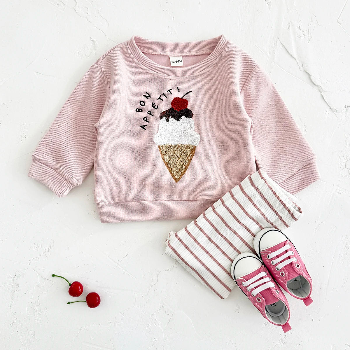 Baby Girl 2-Piece Outfit Set - Pink Ice Cream Sweatshirt & Striped Ribbed Leggings (6M-3T)