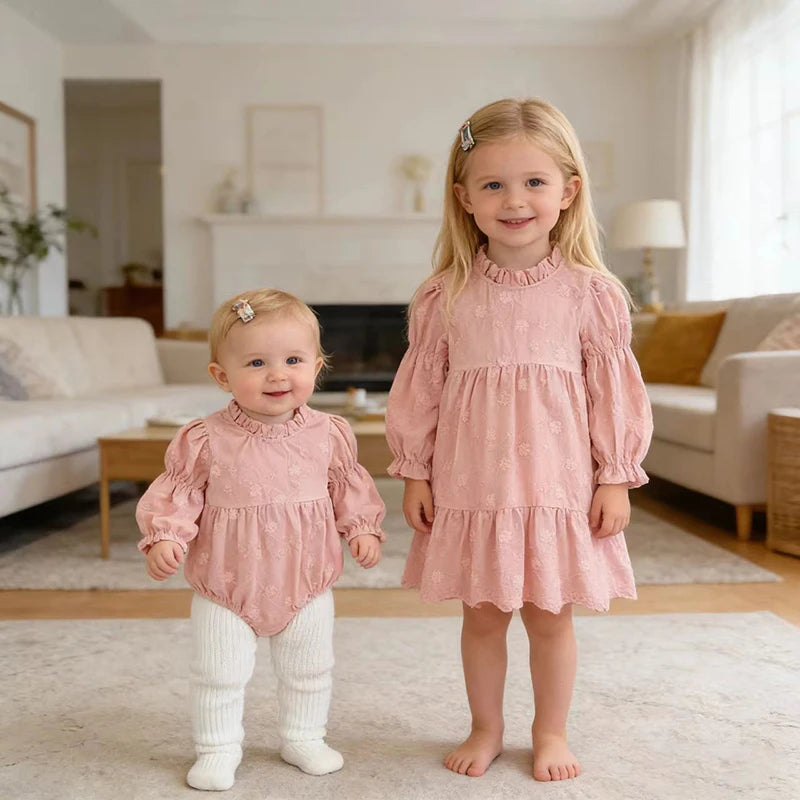 Toddler & Girls Pink Floral Embroidered Long Sleeve Tiered Dress (2T-6T)