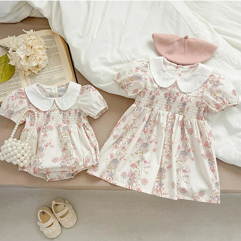 Pink Floral Smocked Sister Matching Outfits - Puff Sleeve Cotton Romper & Princess Dress (3M-6T)