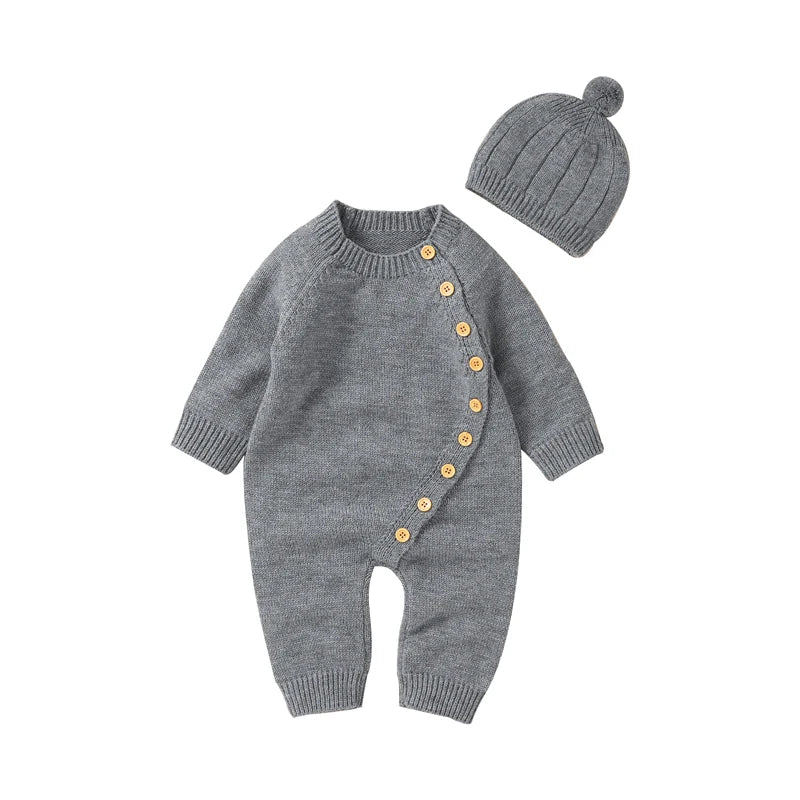 Knitted Baby Romper & Hat Set - Soft Side-Button Jumpsuit (0-18M)
