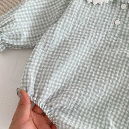 Newborn Baby Girl Sky Blue Gingham Romper - Long Sleeve Peter Pan Collar Cotton Jumpsuit (0-12 Months)