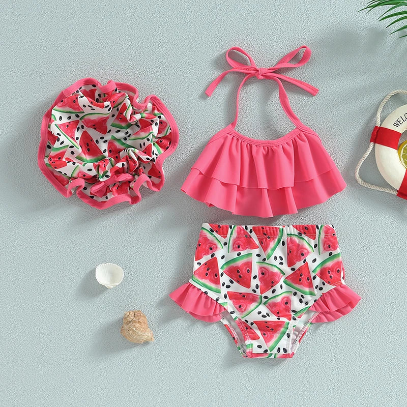 Baby Girl 3-Piece Ruffle Bikini Set, Watermelon & Mermaid Swimsuit with Cap (6M-4T)