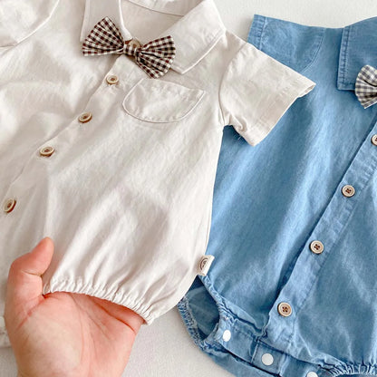 Baby Boy Korean Style Cotton Romper - Short Sleeve Lapel Shirt Jumpsuit with Bow Tie (0-24 Months)