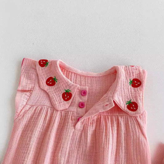 Baby Girl Strawberry Embroidered Cotton Romper with Matching Bow Headband - Pink Flutter Sleeve Summer Jumpsuit (0-12M)