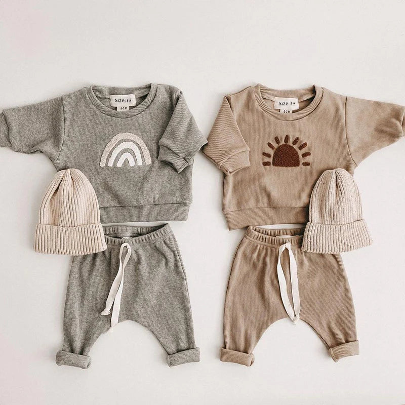 Unisex Baby Knit Outfit Set – Long Sleeve Embroidered Sweatshirt & Pants – Rainbow, Sun, & Letter Designs (6M-3T)
