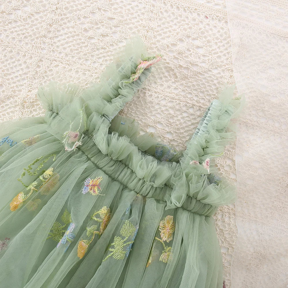 Fairy Princess Tulle Dress - Sage Green Floral Embroidery (6M-5T)