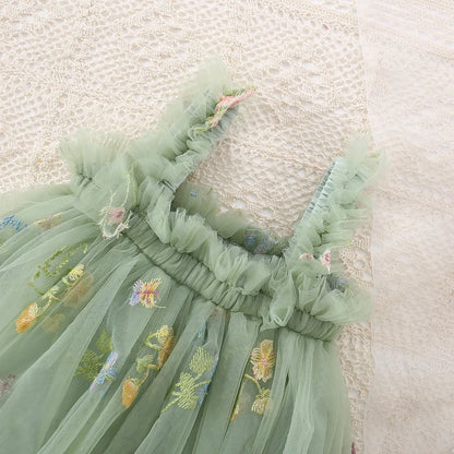 Fairy Princess Tulle Dress - Sage Green Floral Embroidery (6M-5T)